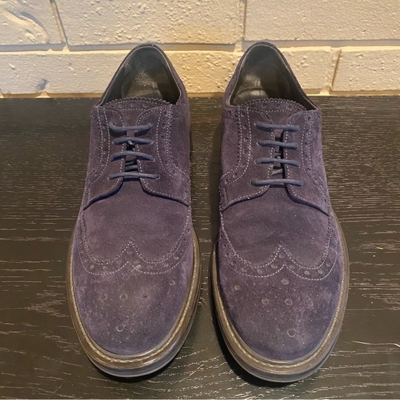 Mens Brooks Brothers Navy blue suede Wingtip Oxfords shoes Size 9 Made In Italy - Picture 2 of 7